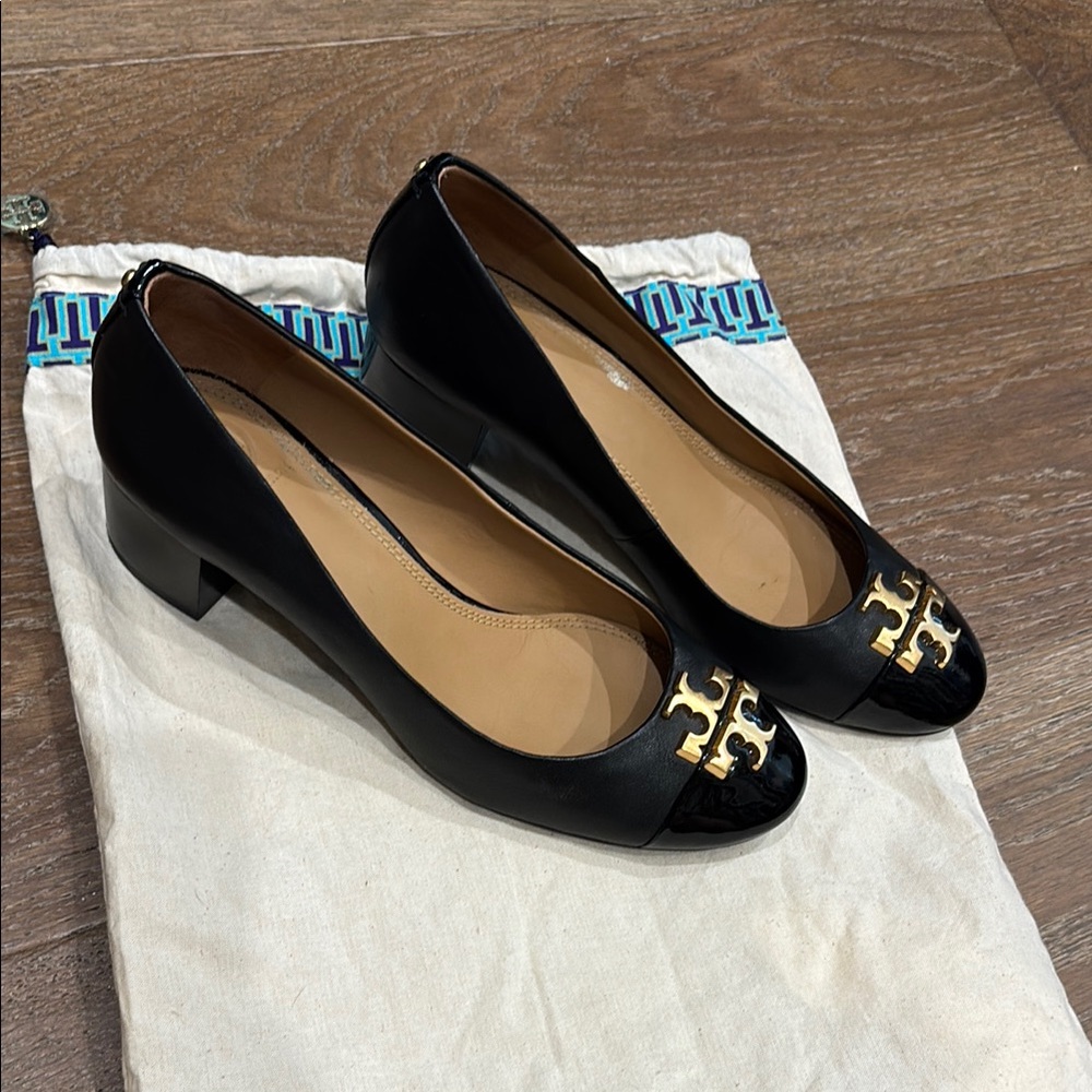Tory Burch Black Heels with Gold Embellishment